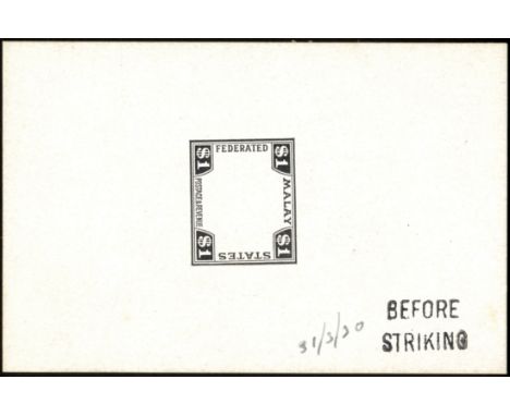 Malaya. F.M.S. 1930 (31 Mar) Die Proof in black on vertical format glazed card (60 x 92mm) of frame for 1922-34 Tiger $1 valu