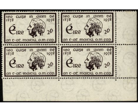 Ireland. 1938 2d Father Mathew unmounted mint corner block of four, R20/6 first '8' damaged at base. Scarce positional multip
