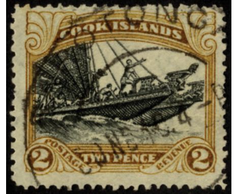 Cook Islands. 1936 2d single watermark, used with inverted watermark; fine but for pulled perf at left. The first example we 
