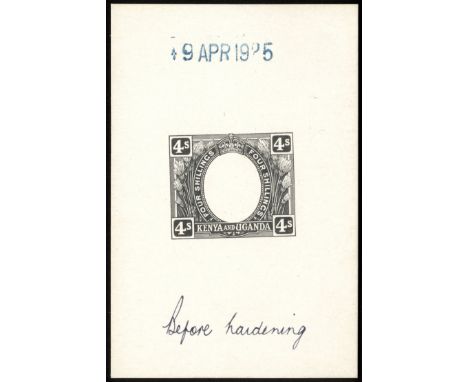 Kenya, Uganda and Tanganyika. 1925 Die proof of frame in black on glazed card (60 x 92mm) for the 1922-27 4/ - value, dated i