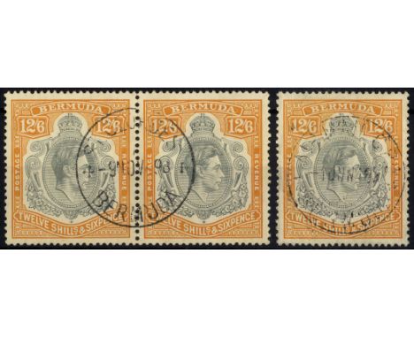 Bermuda. 1940 (Oct.) 12/6d horizontal pair with 1949 St Georges CDS, left stamp with HPF #39. Also a single with FF #25, 1948