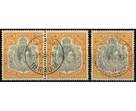 Bermuda. 1940 (Oct.) 12/6d horizontal pair with 1949 St Georges CDS, left stamp with HPF #39. Also a single with FF #25, 1948