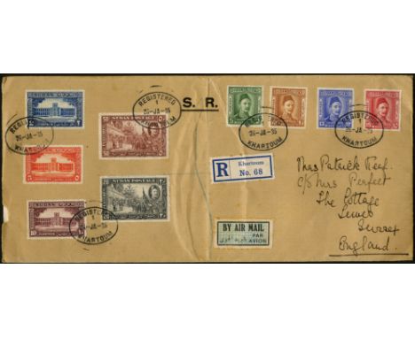 Sudan. 1935 envelope (11 x 5") with the full Gordon set, REGISTERED/KHARTOUM oval CDSs of 26 JA. Some bends and a central fol