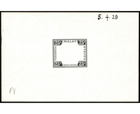 Malaya. F.M.S. 1929 Die Proof in black on glazed card (92 x 60mm) of frame for 1922-34 25ct, with manuscript date at upper ri
