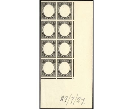 Ceylon. 1927 Plate proof of frame for 1927-29 5r in black on unwatermarked paper. Lower right corner block of 8 dated in manu