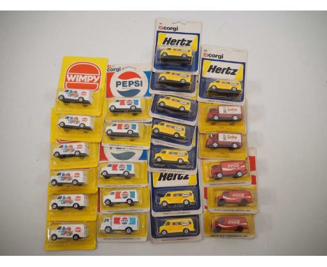 A group of CORGI JUNIORS carded diecast delivery trucks comprising examples from Hertz, Pepsi, Coca-Cola, Wimpy and Gamleys T