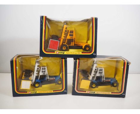 A group of CORGI #1113 diecast Hyster Challenger 800 container fork lifts with different colour variants noted - VG in G/VG b