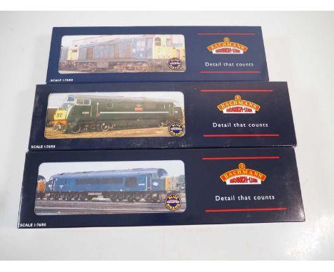 A group of BACHMANN OO gauge diesel locomotives comprising Classes 20 and 44 in BR green together with a Class 42 Warship in 