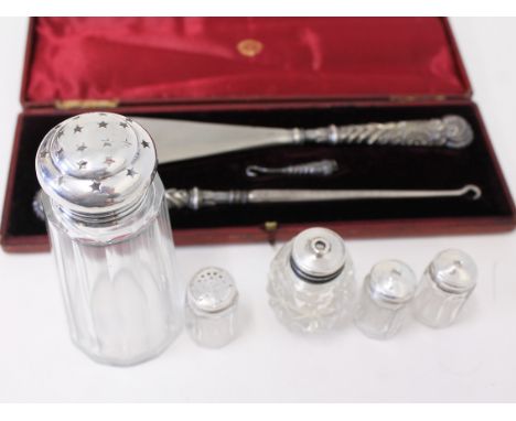 Hallmarked silver top jars and hallmarked silver button hook set