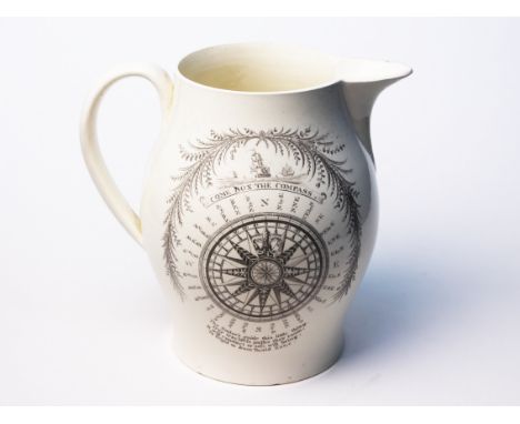 A creamware jug with transfer printed image of South Bridge Aberdeen on one side, the other with compass design and verse ÔCo