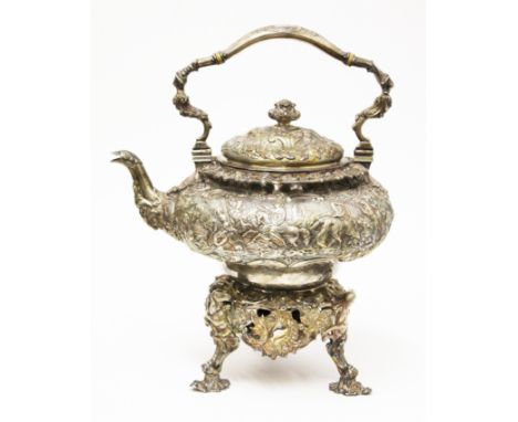 A William IV Scottish silver spirit kettle, the extensive embossed decoration on one side depicting a battle, the other chino