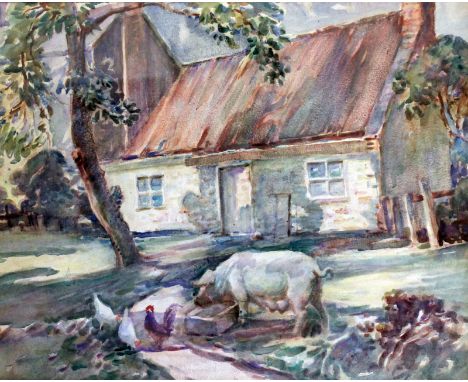 Attributed to Tom Anderton. Farm scene. Watercolour. 36cm x 46cm. Unsigned. Together with a portrait of an oriental man. 45cm