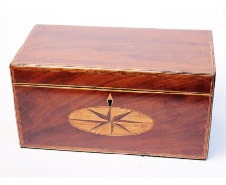 A 19th Century parquetry inlaid tea caddy with cut glass mixing bowl. L30.5cm