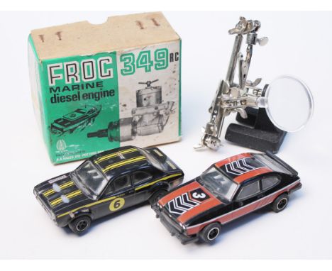 A Froc 349 Marine remote control diesel engine together with two Scalextric cars etc.