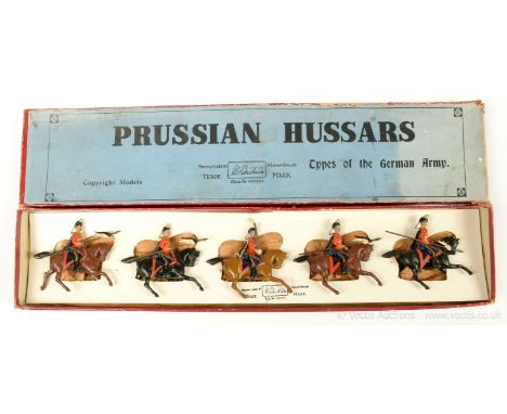 Britains - Set 153 - Prussian Hussars [1925 version], comprising: Mounted Officer with Shouldered Sabre &amp; 4 x Hussars Car