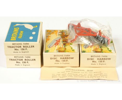 Britains - Farm Series - Picture Packs [1950's issue], comprising: 2 x Set 135F - Disc Harrow [Red &amp; Pale Blue Versions] 