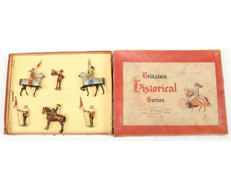 Britains Set 1258 - Knights, [Post War Issue], comprising: 2 x Mounted Knights with Lances, 2 x Squires on Foot with Banners,