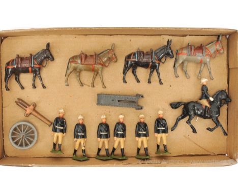 Britains - Set 28 - Mountain Artillery [1920 version - Post War Issue], comprising: Mounted Empty Handed Officer, 6 x Marchin