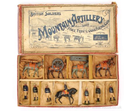 Britains - Set 28 - Mountain Artillery [1920 version], comprising: Mounted Empty Handed Officer, 6 x Marching Gunners &amp; 4