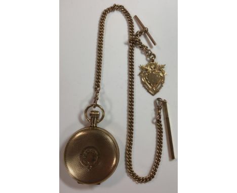 Elgin - a gold plated full hunter pocket watch with accompanying 'Albert' chain stamped '9ct' the signed white dial, 40mm dia