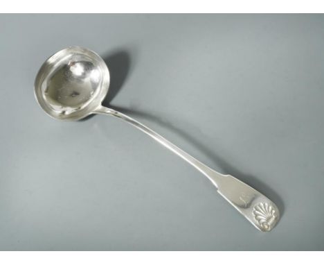 Edinburgh - A Victorian silver soup ladle, by D. Blackley, 1861, 'Fiddle and Shell' pattern with oval bowl, monogrammed, 7.2o