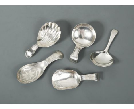 A collection of four George III and one George IV silver caddy spoons, by Elizabeth Morley, London 1794, with shell bowl and 