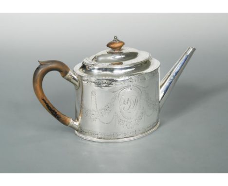 A George III silver teapot by Hester Bateman, London 1786, of oval form with beaded edged base, the sides decorated with brig