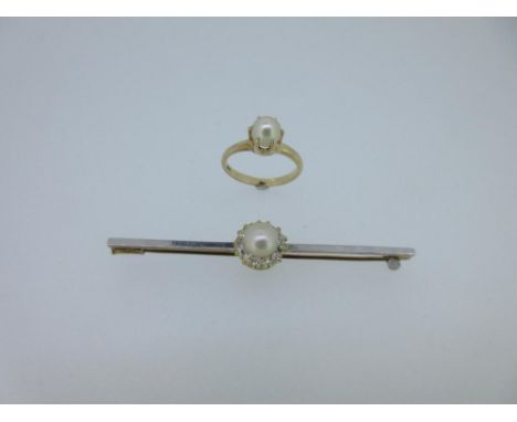 A diamond and bouton cultured pearl bar brooch together with a cultured pearl ring, the white on yellow metal bar set to the 
