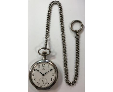 Omega - An open faced pocket watch with accompanying 'Albert' chain, the signed white dial, 42mm diameter, with black Arabic 