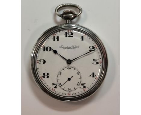 IWC - A continental silver open faced pocket watch, the signed white dial, 45mm diameter, with black Arabic numerals, blued h