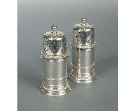 A pair of Edward VII silver pepper casters, by R&amp;S Garrard &amp; Co, London 1901, in the 17th century 'lighthouse' style 