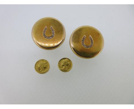 A small collection of 19th century French 18ct gold gentleman's requisites, comprising a pair of cuff buttons with diamond ho