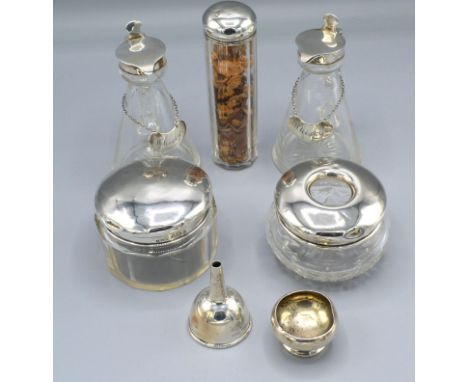 A Pair of London Silver Mounted and Glass Whiskey Noggins with silver labels together with three silver topped dressing table