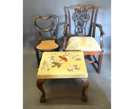 A Late 19th Century Mahogany Chippendale Style Armchair together with a Victorian lacquered bedroom chair and a rectangular s