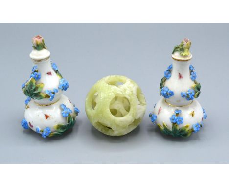 A Pair of Berlin Porcelain Small Gourd Vases with Covers together with a 20th Century Chinese jade puzzle ball, 9 cms tall an