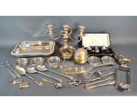 A Set of Five Sterling Silver and Cut Glass Coasters together with a silver spoon, a silver pair of sugar tongs and a small c