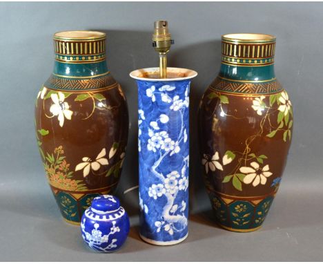 A Pair of Wedgwood Pottery Vases together with a Chinese underglaze blue decorated lamp and a similar ginger jar 