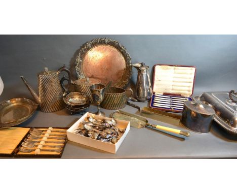 A Silver Plated Three Piece Tea Service together with a set of six silver handled tea knives within fitted case and various o