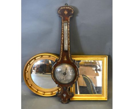 A 19th Century Rosewood and Mother of Pearl Inlaid Wheel Barometer Thermometer together with two gilt framed wall mirrors 