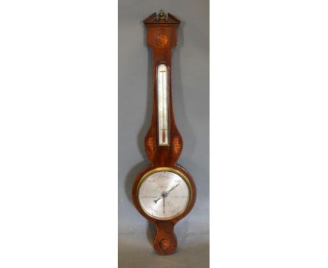 A 19th Century Mahogany Wheel Barometer Thermometer with shell and line inlays, the silvered dial inscribed Bernardi &amp; Co
