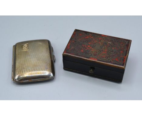 A Birmingham Silver Cigarette Case with engine turned decoration together with an ebonised and boulle topped small box 