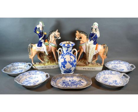 A Set of Four Early 19th Century Stone China Dishes decorated in underglaze blue together with a Spode small platter, a pair 