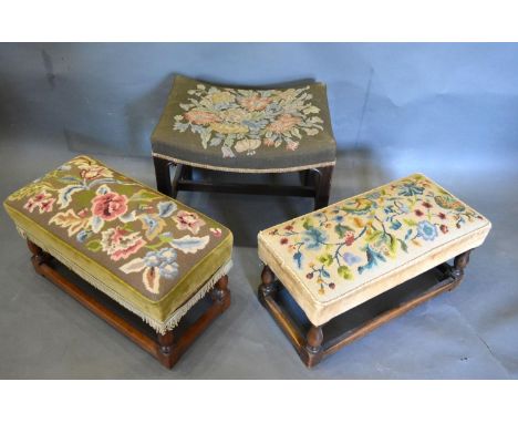 A 19th Century Mahogany Stool with tapestry style seat raised upon square legs with stretchers together with two other simila