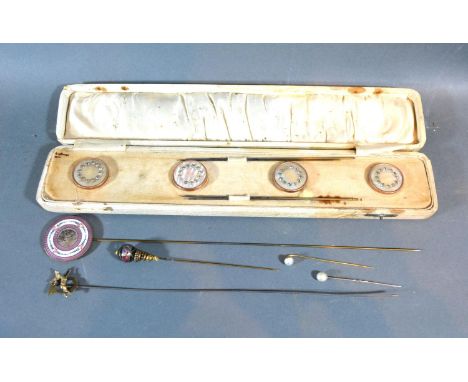A Set of Four Early 20th Century Mother of Pearl and Paste Set Hat Pins within fitted case together with a guilloche enamel s