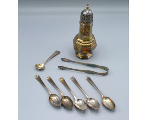 A Birmingham Silver Sugar Caster of Shaped Bulbous Form together with a pair of Georgian silver sugar tongs by Peter and Will