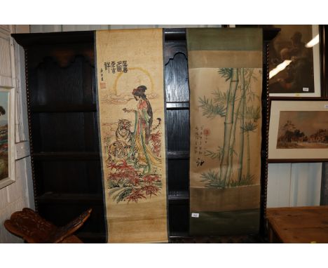 Two Chinese Oriental scroll pictures, one of bamboo shoots and another of girl with tigers