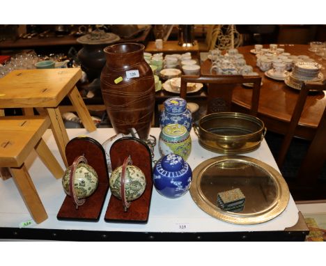 Three various Oriental ginger jars; an opaque glass hanging lamp; a pair of globe bookends; a wooden baluster vase; a brass j