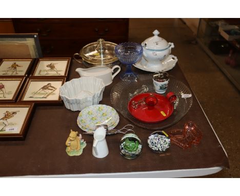 Various items to include a white glazed jelly mould, enamel chamber stick, plated candle snuffers, paperweights, glass fish d