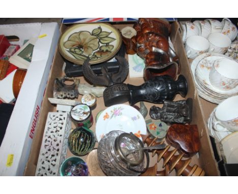 A box containing various china, Langley dish, blue and white tiles, a soapstone figure, glass paperweight, enamel pill boxes 