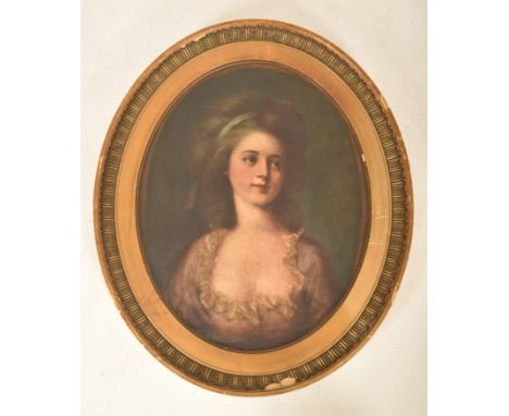 French Portraiture School - A Louis XVI 18th century oil on board oval portrait painting of young lady in dress. The portrait